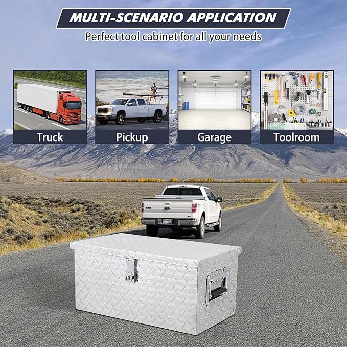 20 Inch Aluminum Diamond Plate Tool Box With Lock and Keys, Heavy Duty Waterproof Truck Storage Organizer Chest for Pick Up Truck Bed, Rv Trailer/Van With Side Handle