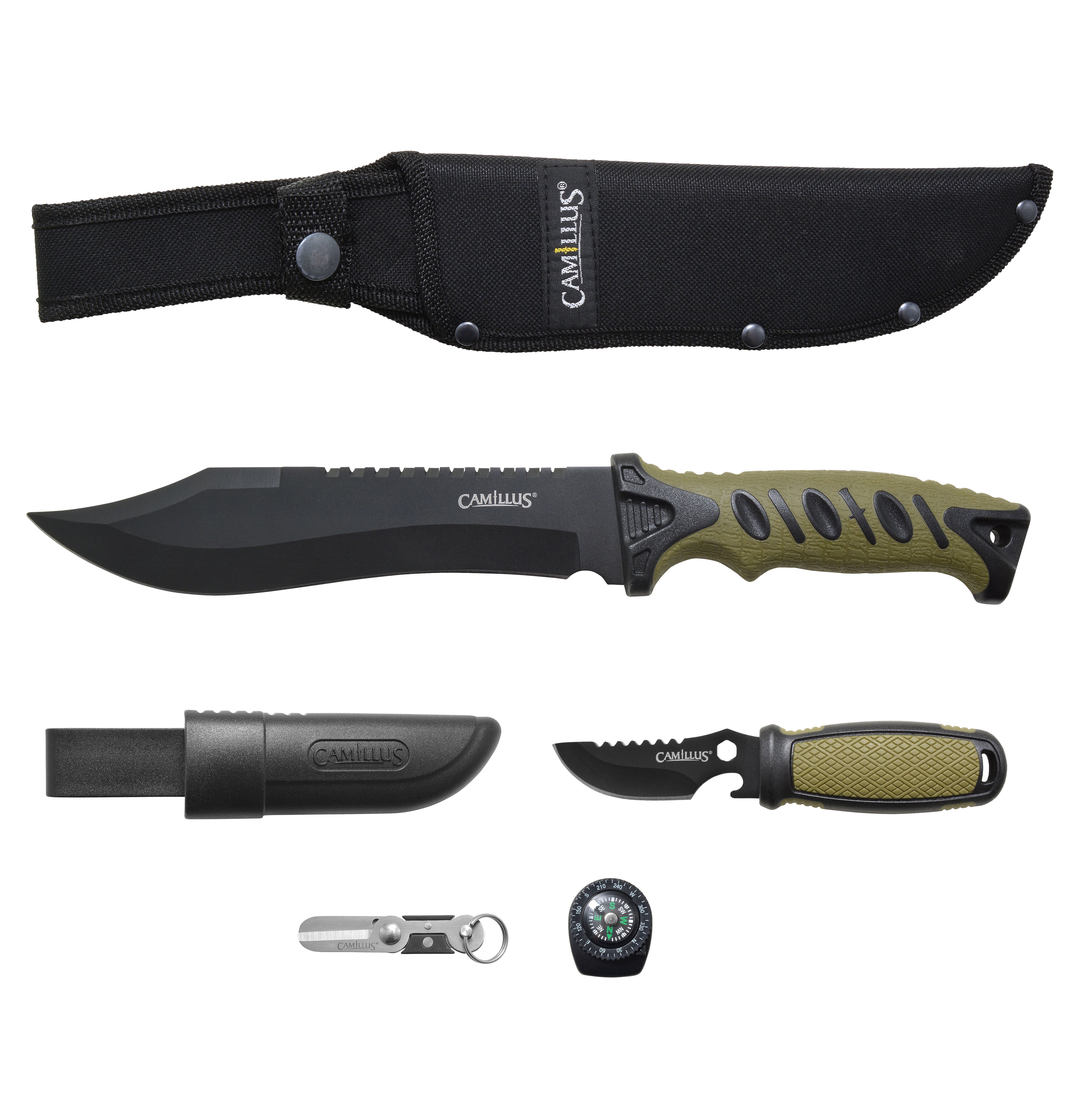 Camillus Survival Pack, Machete, 5.7" Fixed 2.5" Blade Knife, Sheath, Sharpener, Scissors, Green Walmart.com