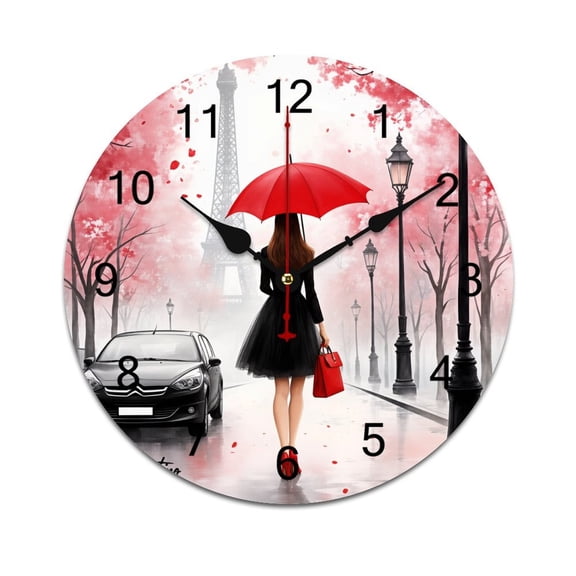 A Woman with A Red Umbrella in Paris -1 Printed Silent Wall Clock Round Kitchen Clock Chic Quiet Desk Clock For Living Room 10in
