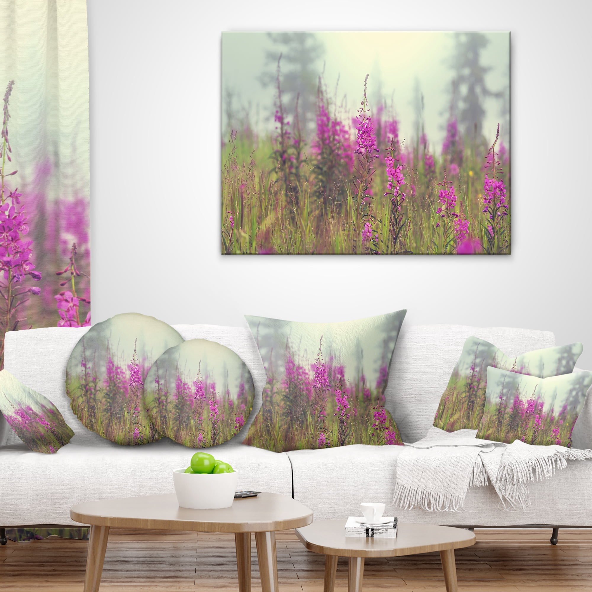 Designart Purple Summer Flowers in Foggy Field - Floral Throw Pillow - 18x18
