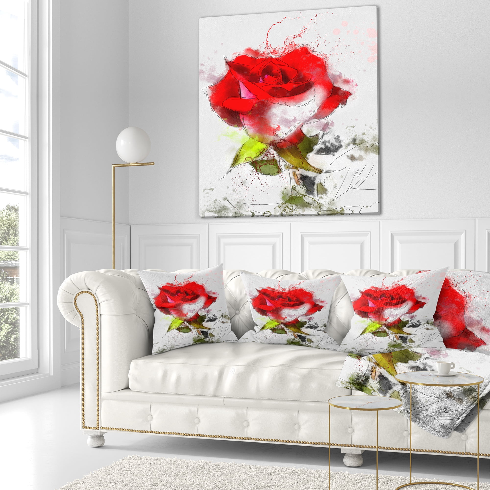 Designart Hand drawn Watercolor Rose Flower - Floral Throw Pillow - 16x16