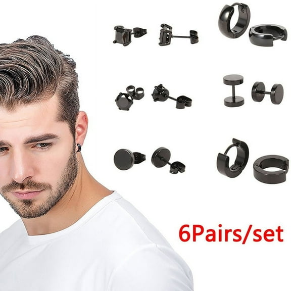 6 Pairs/set Stainless Steel Stud Earrings for Men Hoop Earrings Piercing Black Dumbbell Stud Earring Set