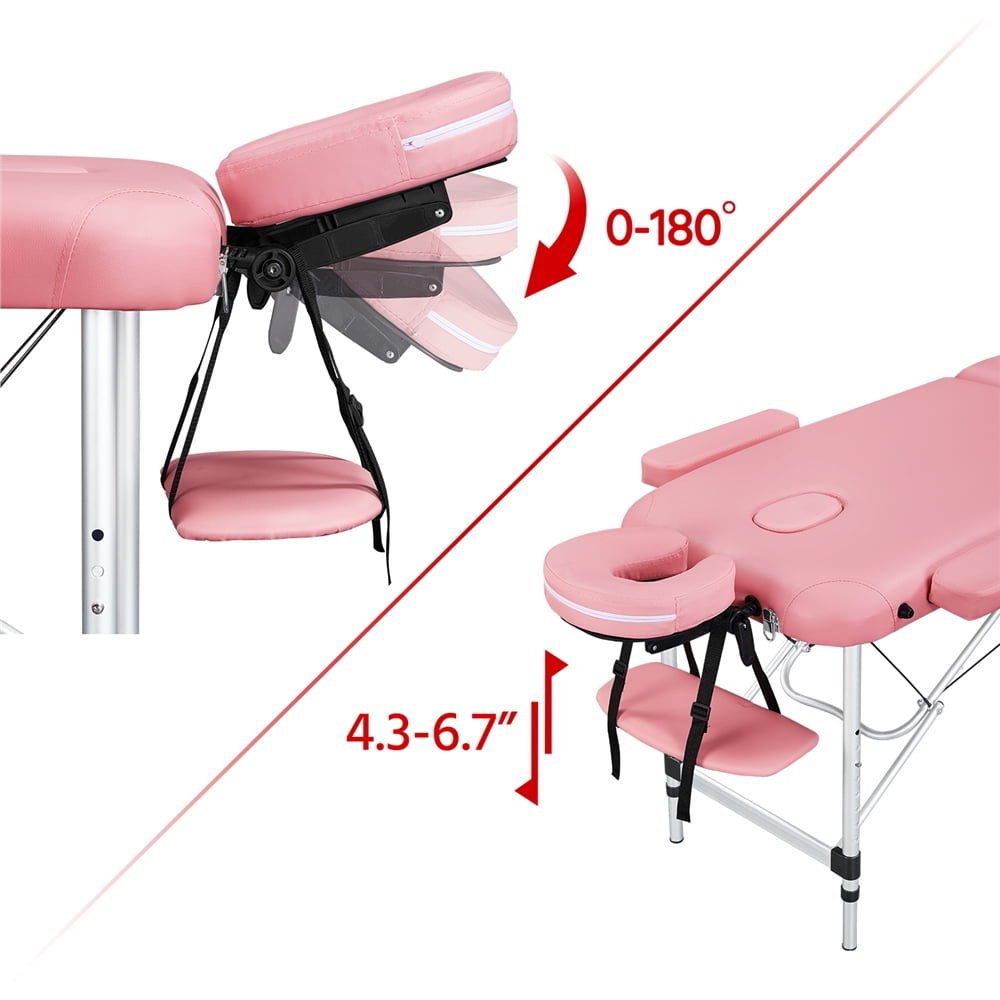 Renwick 3 Section Aluminum Massage Table with Removable Headrest Armrest, 84" x 31.5", Pink