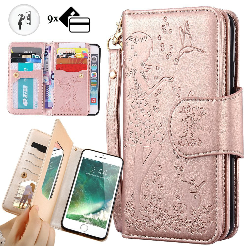 iPhone 8 Detachable Magnetic Wallet Case for Women/Men,Auker iPhone 7 9 Card Holder Purse Folio Flip Vintage Leather Zipper Wallet Case with Strap/Kickstand/Money Pocket&2 in 1 Removal Hard Pc Shell
