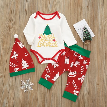 

CHGBMOK Christmas Deals Newborn Infant Baby Girls Christmas Letter Print Romper Tops+Pants+Hat Sets Clearance