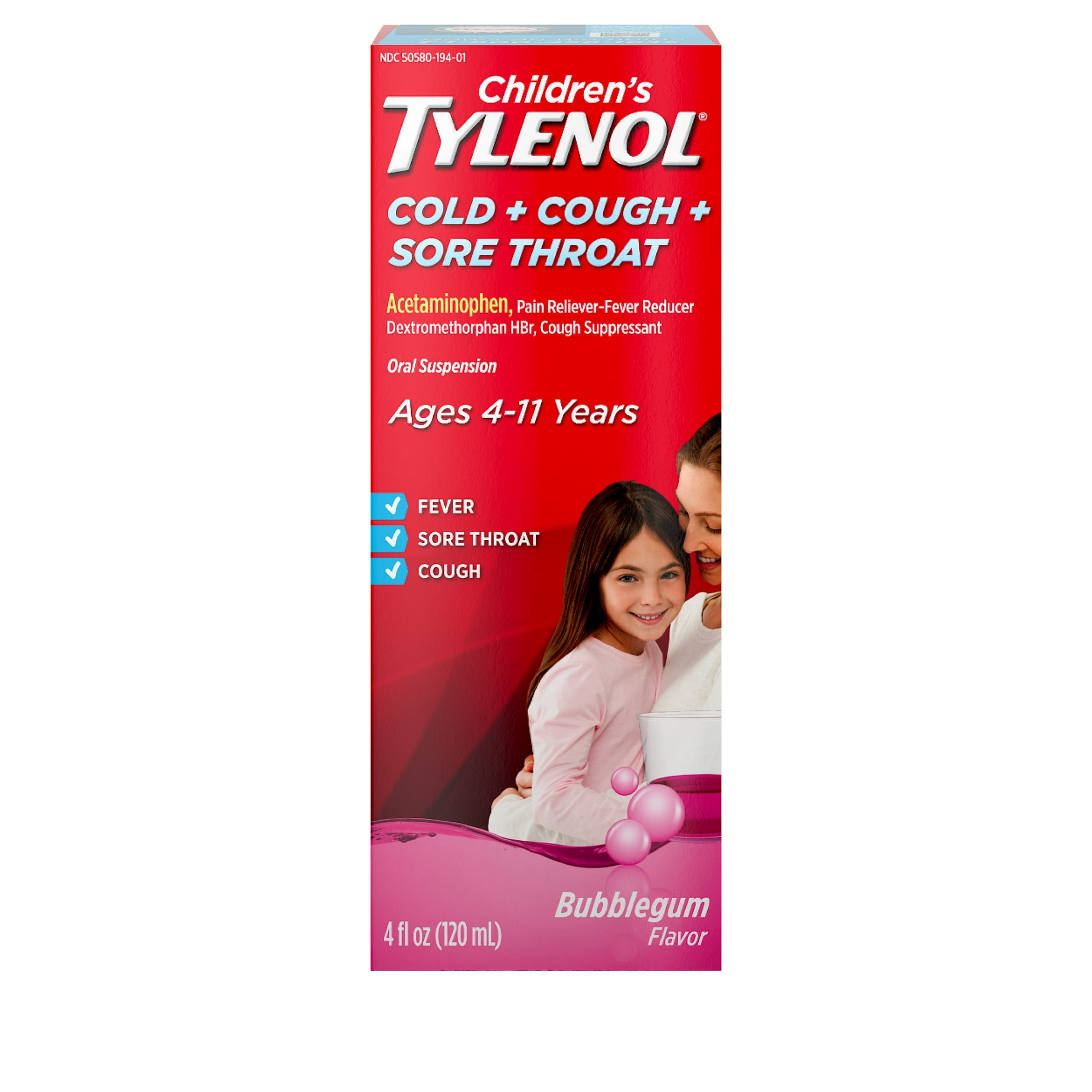 Children's Tylenol Cold, Cough, and Sore Throat, Bubblegum, 4 fl. oz