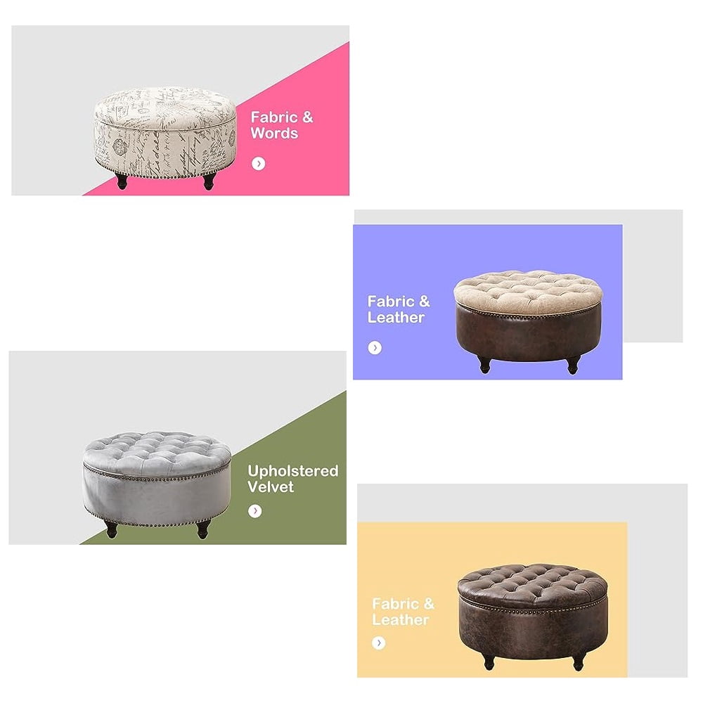 Nathaniel Home, 30" Round Storage Ottoman Footstool with Removable Lid, Button Tufted Ottoman Coffee Table with Legs, Large Ottoman with Storage for Bedroom, Gray