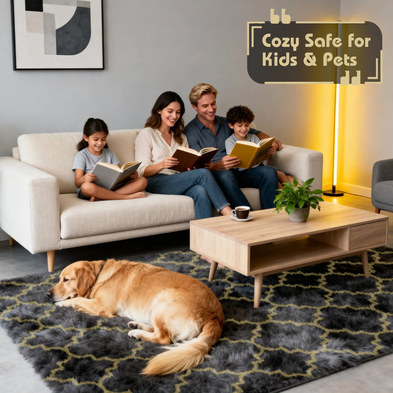 Pentantan Shag Area Rug, 8ft x 10ft Geometric Soft Fluffy Rugs for Living Room Bedroom Indoor Carpet, Black & Gold