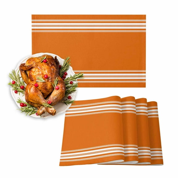 Fall Placemats Set of 6 Fall Orange Stripes Place Mats Thanksgiving Placemat French Stripe Farmhouse Style Table Mats for Dining Kitchen Table Holiday Dinner Party Home Fall Decorations 13x19 Inch