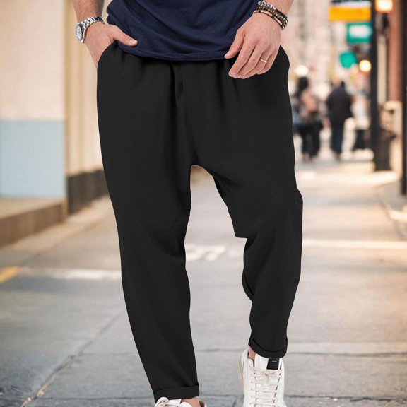 Tsivenald Men's Pants with Elastic Waist Drawstring Drop Crotch Harem Cut Cuffed Ankle Relaxed Fit Soft Lightweight Daily Casual Trousers for Men