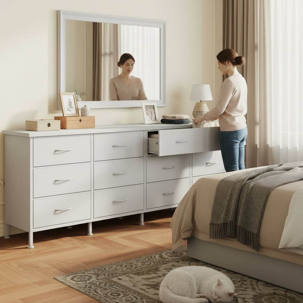 CONCETTA 12 Drawer Storage TV Dresser, Metal Frames Resist Deformation, Adjustable Feet Prevent Tipping, Accommodates TV Up to 80 inch, Suitable for Living Room, White