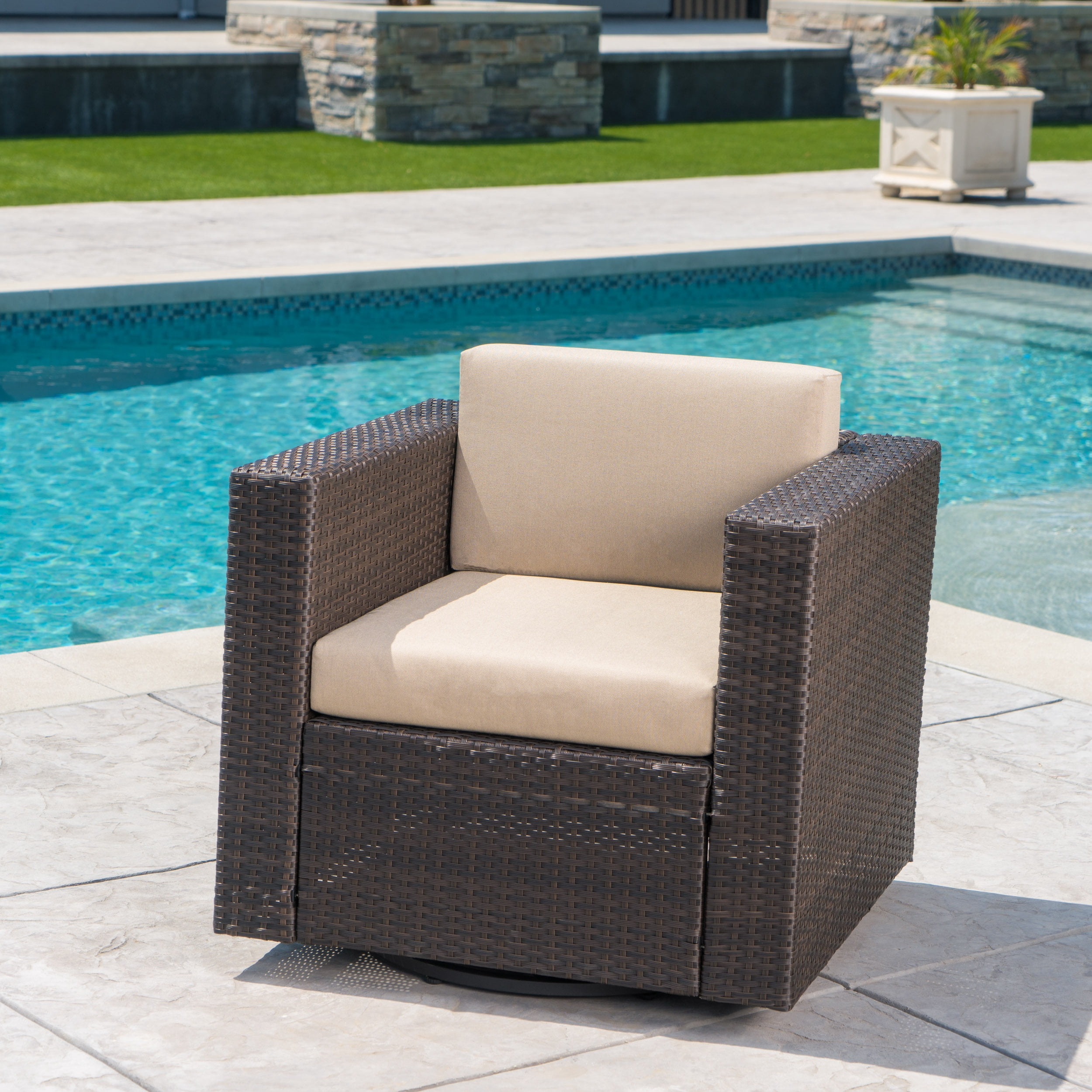 Cascada Outdoor 4 Piece Wicker Club Chair Set with Cushions and Grey Firepit, Dark Brown, Beige