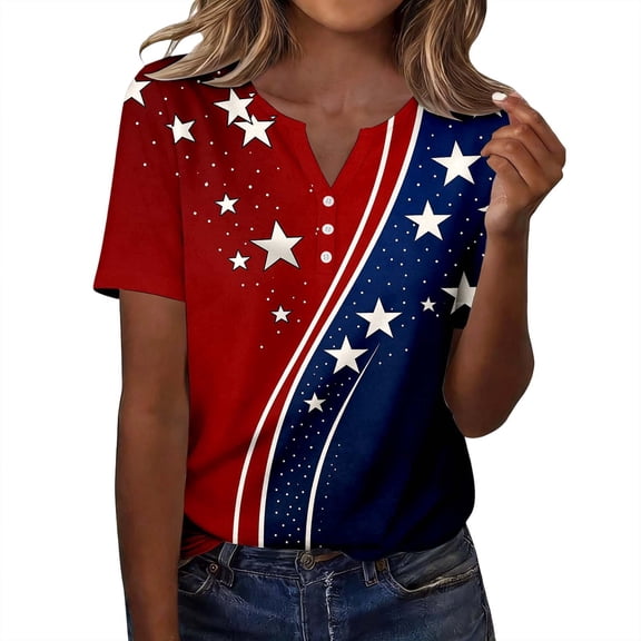 MEZZALL Women Independence Day T-Shirts Graphic Tees 4Th Of July V Neck Summer Button Short Sleeve Fall Shirt Celebrate America's 250th Anniversary Tops