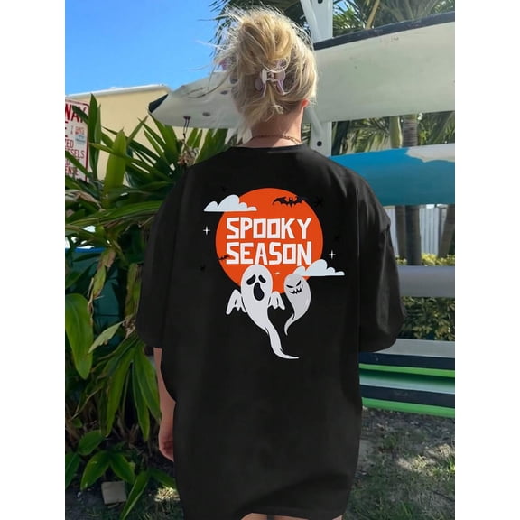 【New Arrival】Spooky Season Ghost Bat Graphic T-Shirt, Cotton Crew Neck Short Sleeve Tee, Halloween Casual Wear Holiday Party Lover Gift