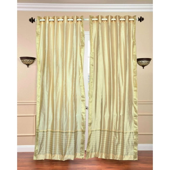 Lined Ring Top Sari Curtains 43" W X 24" L matching tiebacks- Handcrafted Cream Indian Drapes with Lining, Offering Privacy and Insulation for Living Room/Bedroom/Dining Room, Sold in Pairs