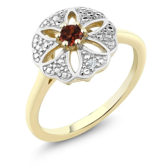 Gem Stone King 18K Yellow Gold Plated Silver Ring with Diamond Accent Red Garnet 0.12 cttw (Size 7)