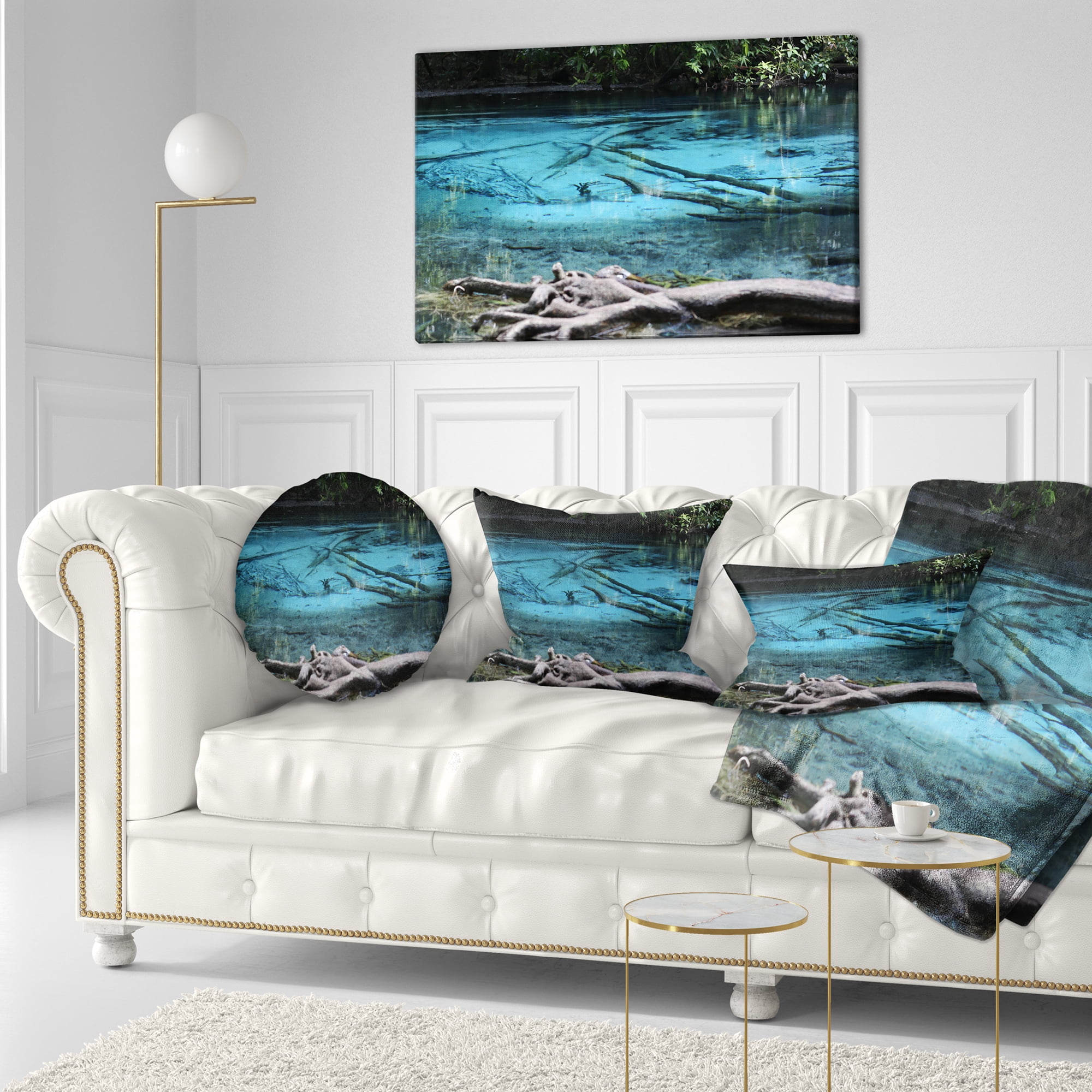 Designart Blue Pond in Deep Forest - Landscape Photography Throw Pillow - 12x20