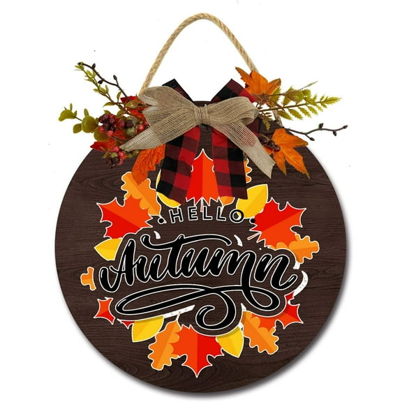 Eveokoki 12" Hello Autumn Door Sign,Hello Fall Door Sign,Welcome Autumn Door Sian,Rustic Hanging Sign Autumn Wreaths Hanging Sign Farmhouse Porch Decorations for Thanksgiving Party Decor