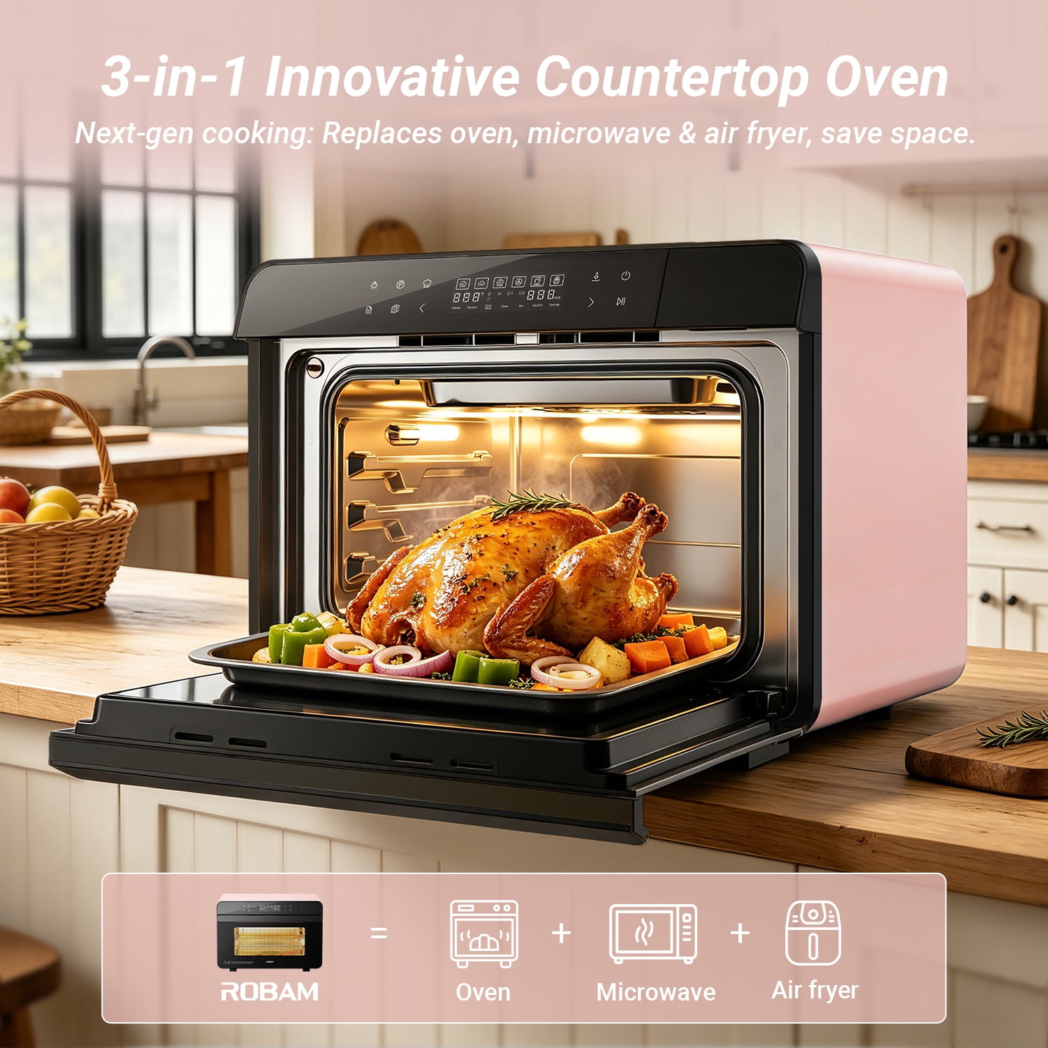 ROBAM R-BOX Combi Steam Oven, 23QT Countertop Steam Oven & Air Fryer Combo, 3 Steam Modes, Professional Steam-Bake, Air Fry, Dehydrate & Ferment, Rapid Heating & Self-Cleaning, Pink