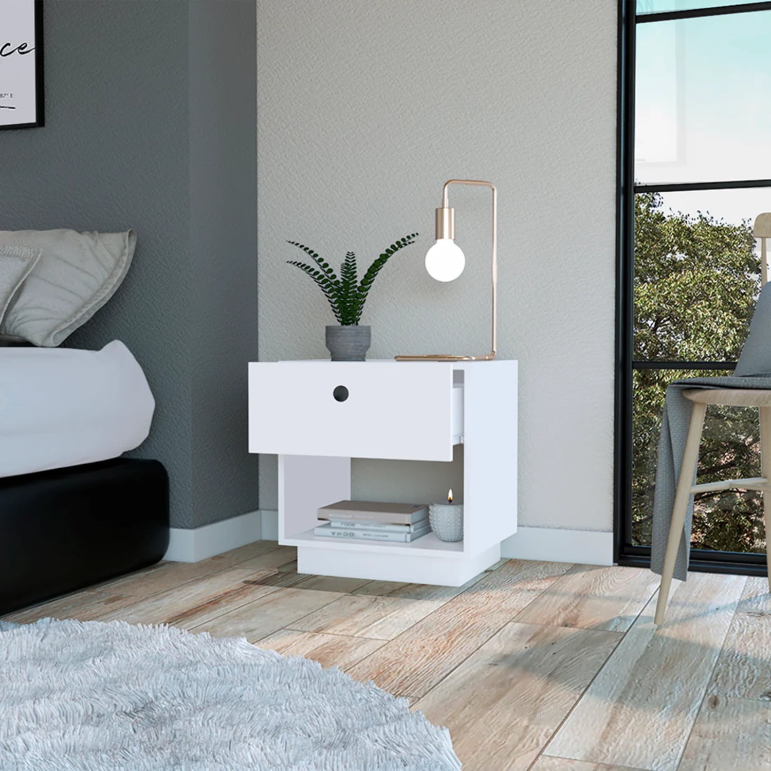 HomeRoots 526155 19.69 x 18.5 x 15.75 in. White 1-Drawer Faux Wood Nightstand