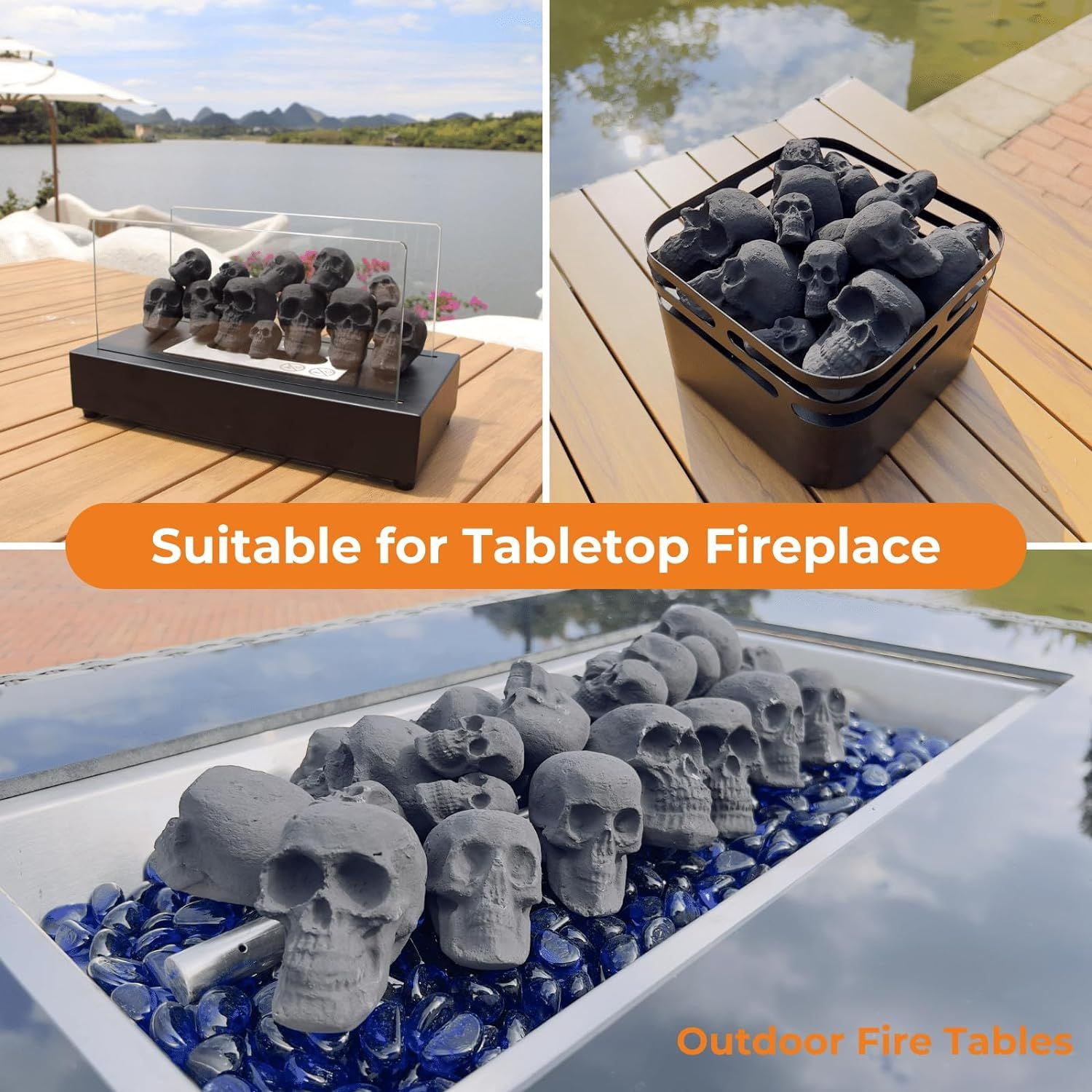7Pcs Ceramic Skull Fire Logs for Fire Pit Fireplace 1800°F Heat Resistant Handmade Halloween Decor
