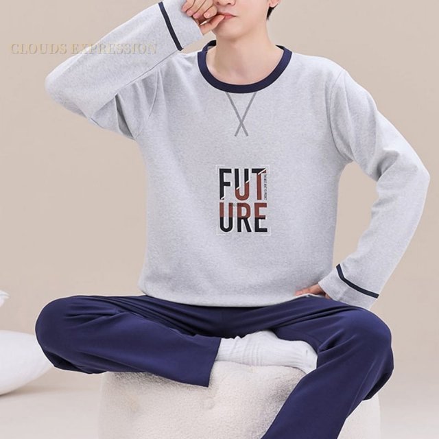 Printemps Automne Plus 5TG Pyjama Tricoté pour Hommes à Carreaux Ensembles de Pyjamas Décontractés Mode Nuit