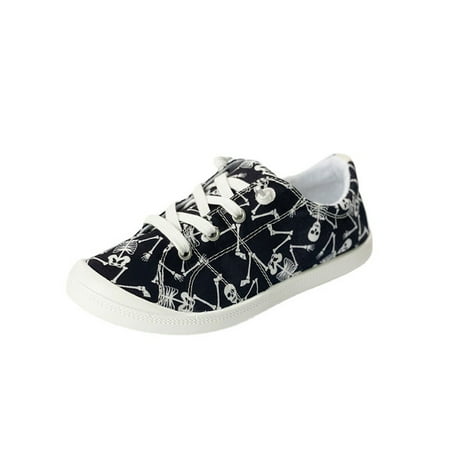 

Daeful Ladies Anti-Slip Low Top Flats Work Cloth Shoe Walking Comfort Slip On Casual Sneakers Halloween Skull 8