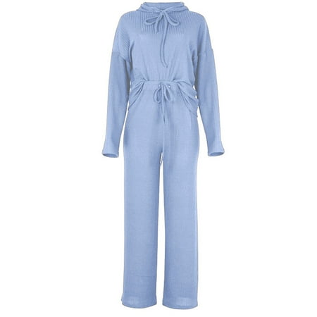 

Women Ribbed Knit 2Pcs Pajamas Drawstring Hoodie Top Wide Leg Pants Loungewear