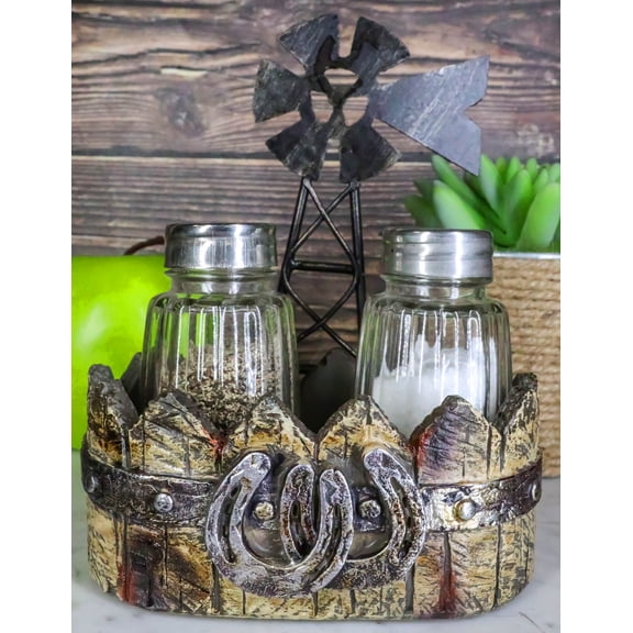 Rustic Country Farm Windmill Outpost With Horseshoes Salt And Pepper Shakers Set