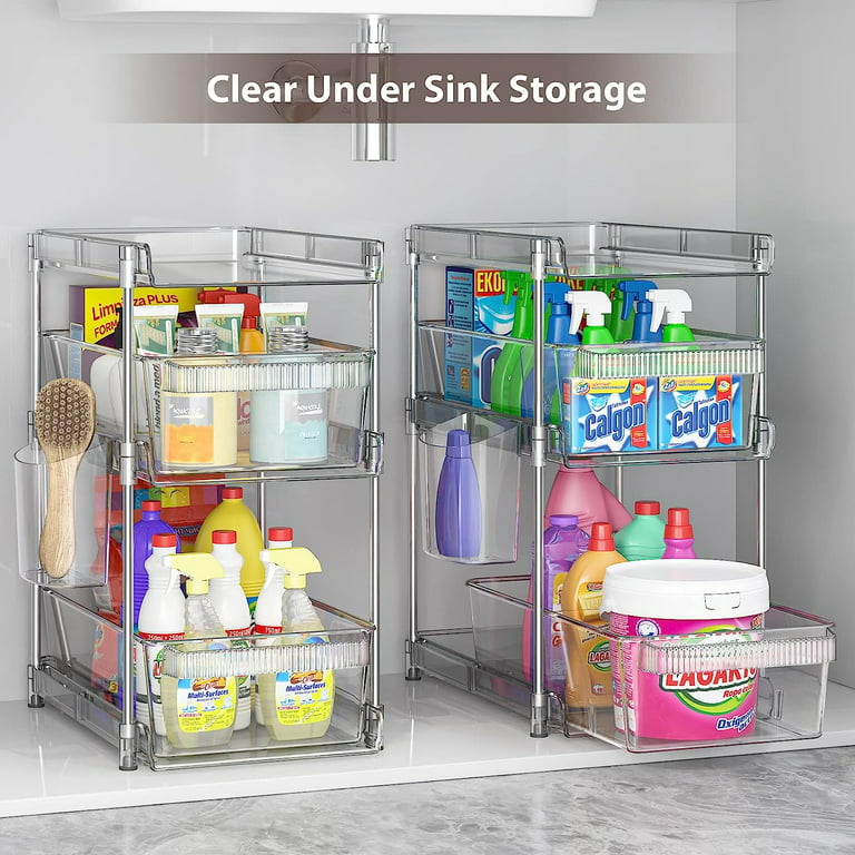 3 Tier Clear Bathroom Organizers 2 Pack, Pull Out Organizer and Storage  with 2 Cups, Slide Out Drawer Storage Container with 12 Dividers,  Multi-Purpose Bathroom Organizer, Kitchen Under Sink Organizer 