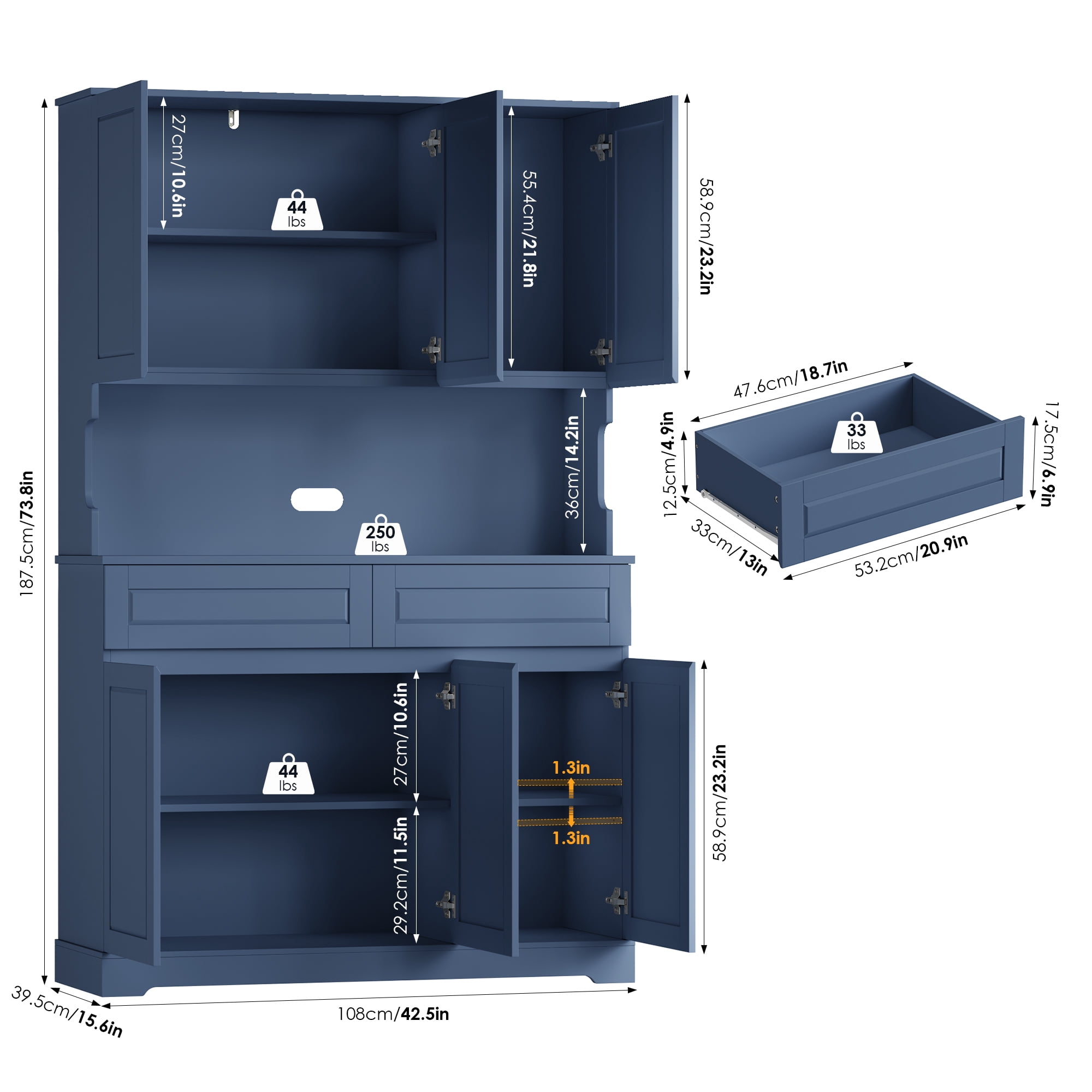 Homfa 73.8”H Pantry Cabinet with 6 Doors and 2 Drawers, Microwave Stand Storage Cabinet with Grooved Handles and Adjustable Shelf for Kitchen Dining Room, Deep Blue