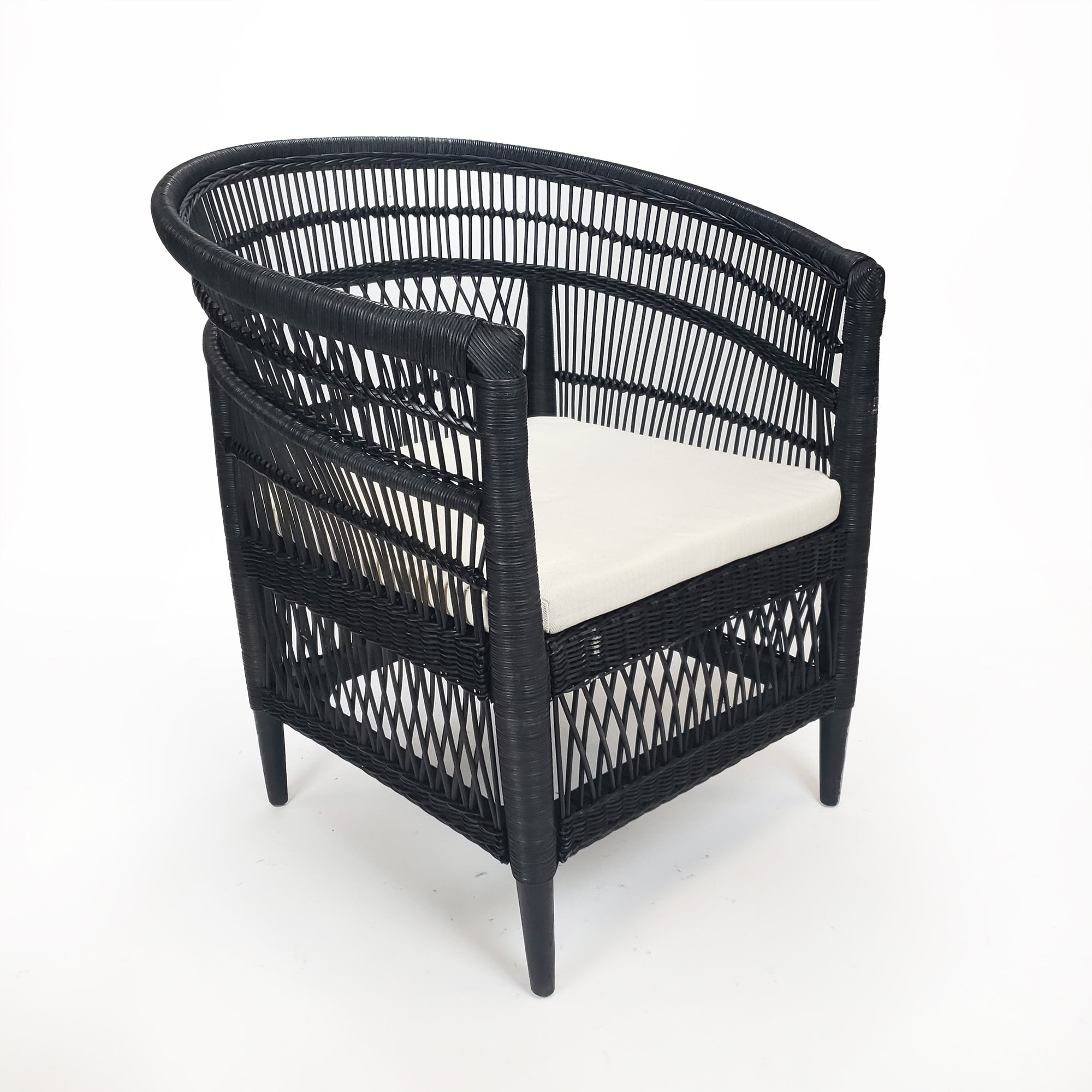 Symka Curved Back Black Woven Rattan Armchair with Padded Seat