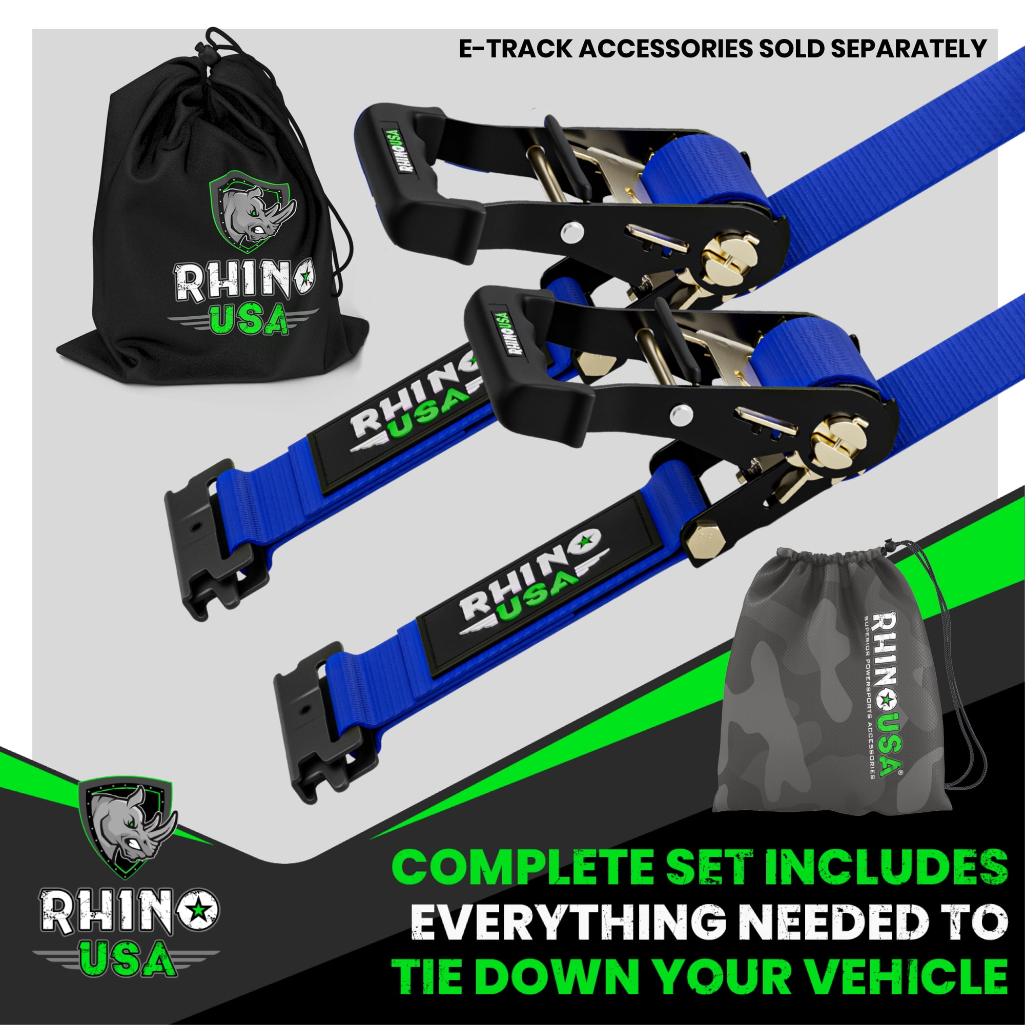 Rhino USA E Track Ratchet Tie Down Straps (4,500lb Break Strength) - w/ (2) Premium 2" x 16' eTrack Tie Down