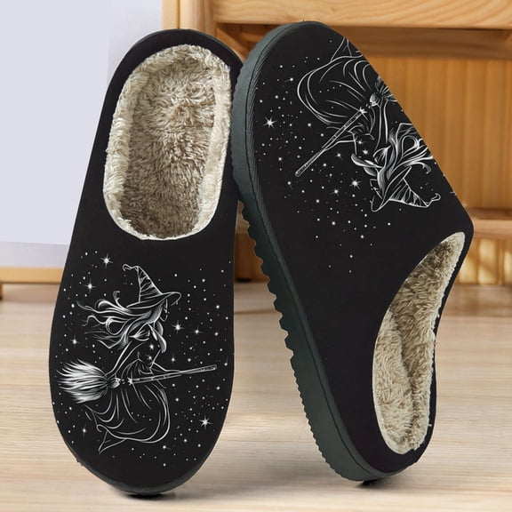 Women's Witch Print Slippers Warm Plush Lined Closed Toe House Shoes Cozy Non Indoor Winter Footwear Halloween Gift