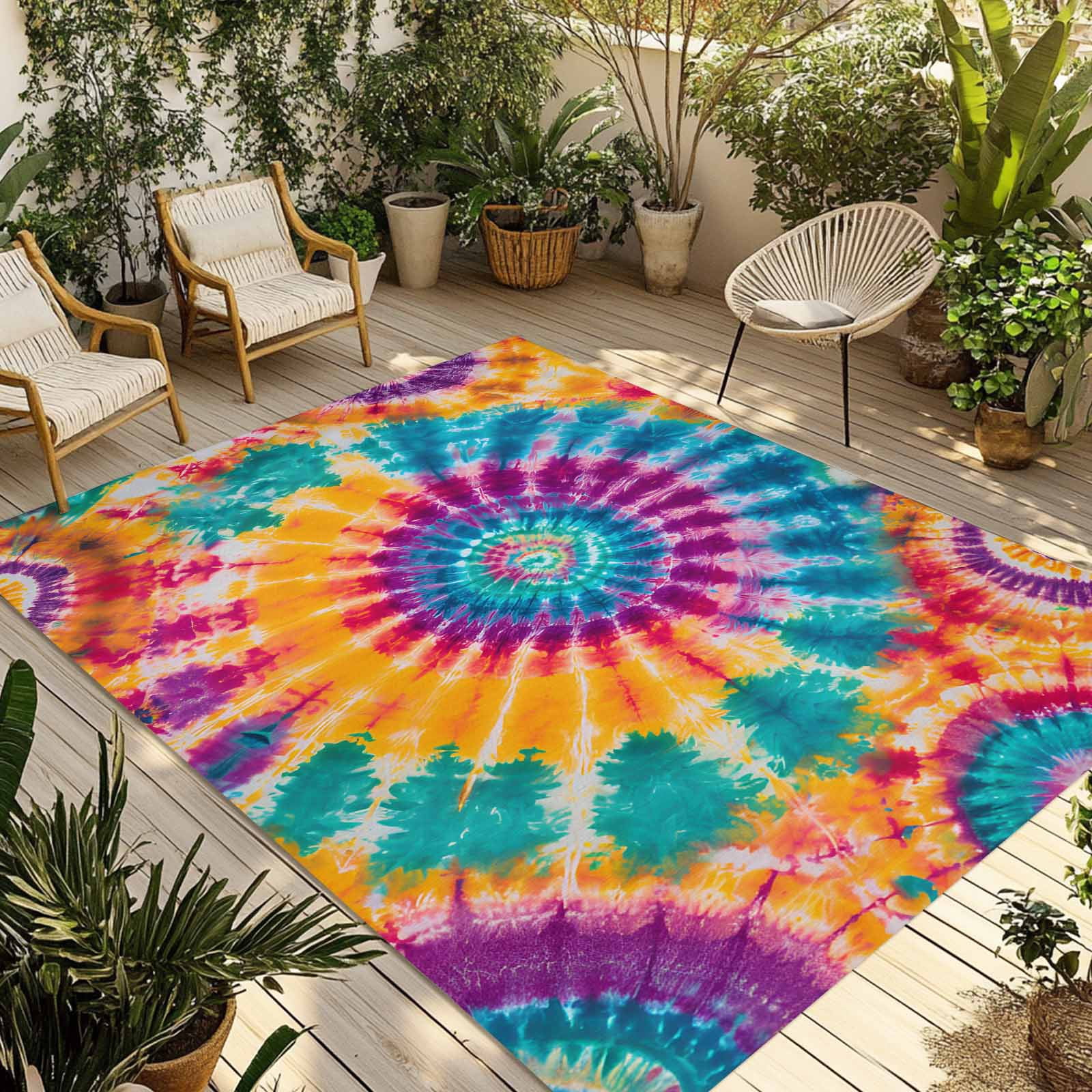 Outdoor Rug 5x8 ft Abstract Ethnic Tie Dye Waterproof Outdoor Patio Rug Mat Non Slip Outside Area Rugs Carpet for RV,Camping,Porch,Deck,Pool,Balconybackyard,Watercolor Colorful