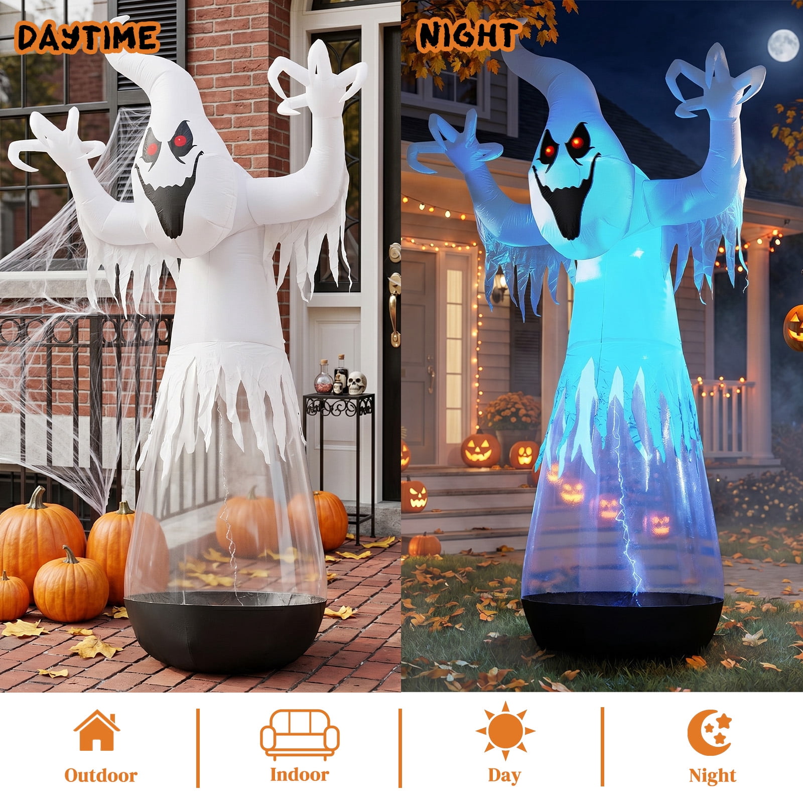 12ft Halloween Inflatable Half-Body Clear PVC White Ghost with 2 LED Lights