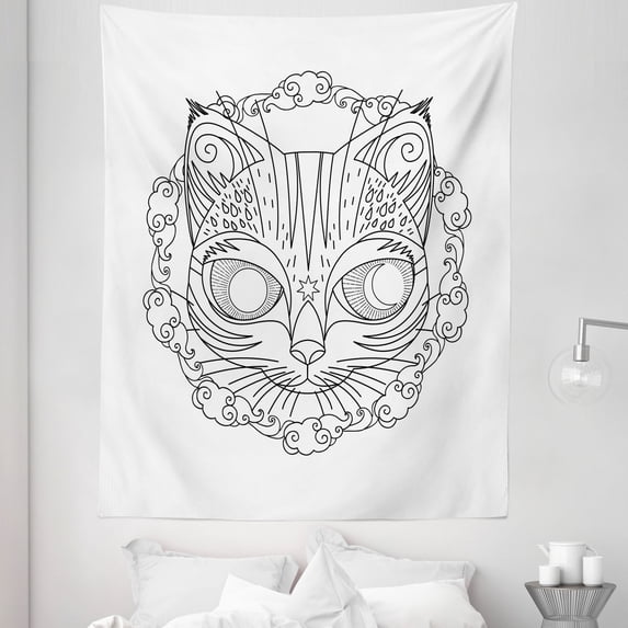 Psychedelic Cat Tapestry, Abstract Illustration of Sun and Moon Eyed Kitten Star Whiskers, Fabric Wall Hanging Decor for Bedroom Living Room Dorm, 5 Sizes, Charcoal Grey White, by Ambesonne