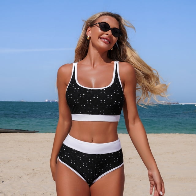 Traje de baño de 2 piezas para mujer, trajes de baño para mujer, traje de baño de dos piezas de cintura alta con mangas abullonadas para mujer, bikinis negros, conjuntos de bikini de dos piezas con ab