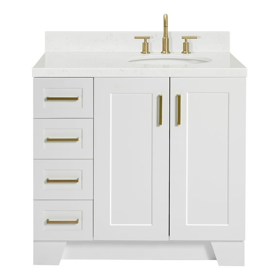 Ariel Taylor 36 In. Right Offset Oval Sink Bathroom Vanity With Carrara White Quartz Countertop 1.5 Edge In White