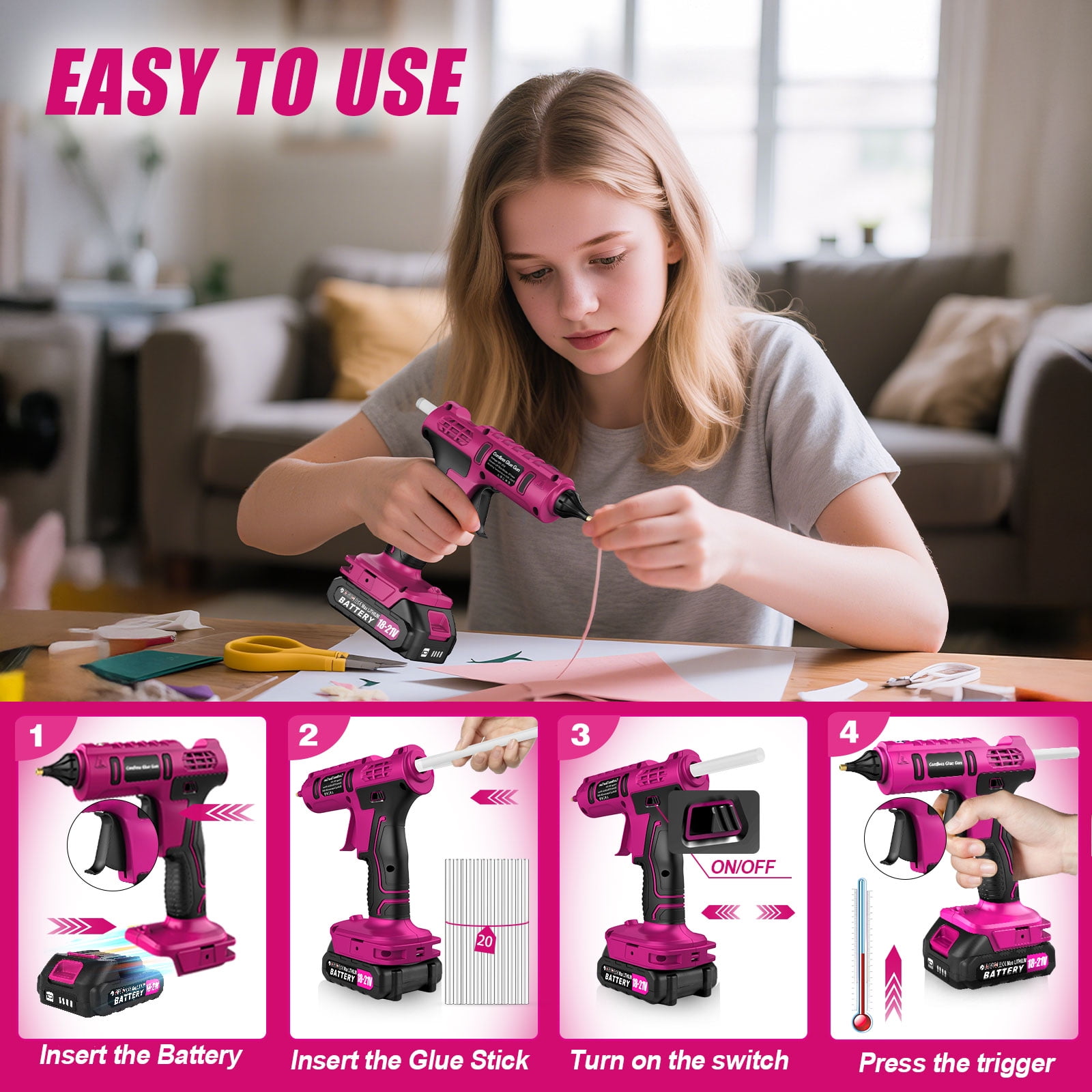 Fovendi Cordless Hot Glue Gun with 2.0Ah Battery & Charger and 20 Pcs Full Size Glue Sticks, 100W Power Melt Glue Gun for DIY, Festival Decor and Gifts