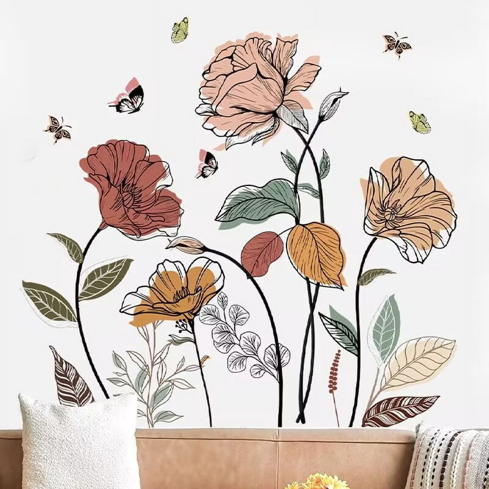 Boho Flower Wall Decals Wildflower Plants Grass Wall Stickers Large Floral Wall Art Decor for Living Room Bedroom Office TV Sofa Backdrop Home Decor Gifts for Mom