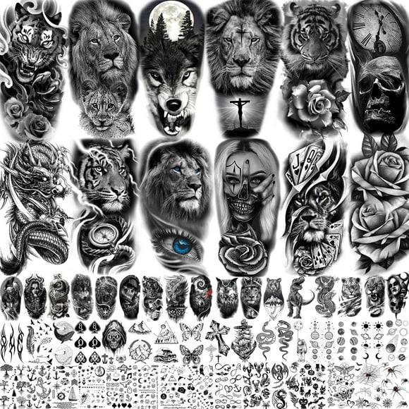 TASROI 61 hojas realistas de calavera, tigre, lobo, león, tatuajes temporales para mujeres, hombres, manga del brazo, tatuajes temporales 3D de Halloween, adultos, brújula, flor de rosa negra, tatuaje