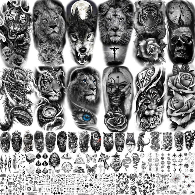 TASROI 61 hojas realistas de calavera, tigre, lobo, león, tatuajes temporales para mujeres, hombres, manga del brazo, tatuajes temporales 3D de Halloween, adultos, brújula, flor de rosa negra, tatuaje