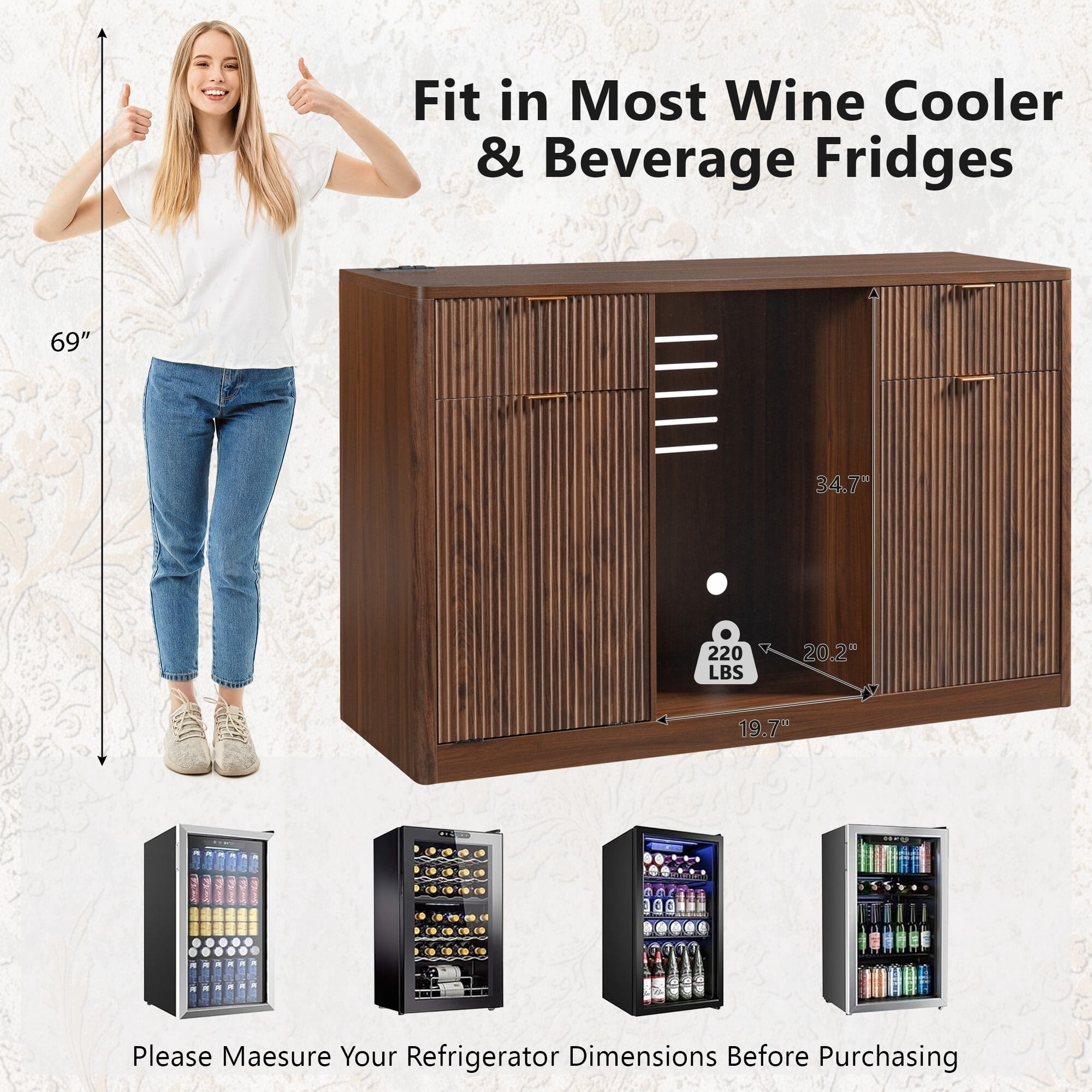 Euroco 59" Coffee Bar Cabinet with Mini Fridge Space,Fluted Buffet Sideboard & Liquor Cabinet with Charging Station,Tilt-Out Trash Cabinet and Wine Glass Holder for Kitchen Dining Room,Walnut