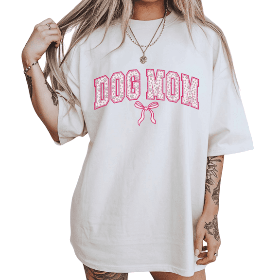Pink Floral Bow Dog Mom Shirts White S-5XL Print Tshirt Girly Dog Lover Graphic Tees Tops