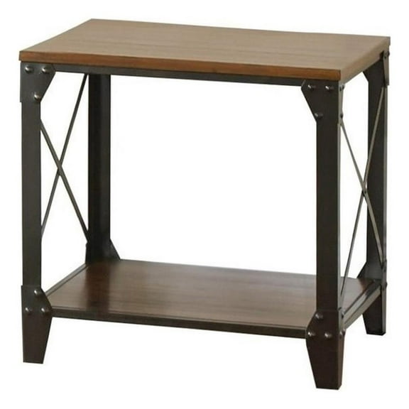 Winston Square End Table Distressed Tobacco Brown Top and shelf in Metal frame