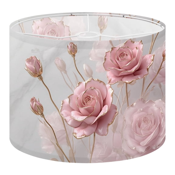 Linen Drum Lampshades Modern Delicate Pink Gold Flower Grey Marble Roses Gold Accents 13"x13"x10" Light Shade for Table Lamps Floor Lamps Drum Lamp Shades Lampshade Replacement Assembly Required