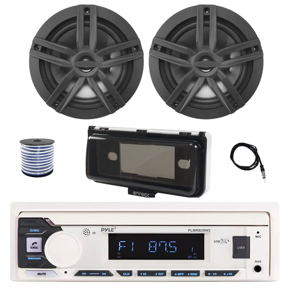 Pyle PLMRB29W2 Single DIN Marine Bluetooth MP3 Stereo Receiver, Cover, 22" Radio Antenna, Wire, 2x 6.5" 180 Watt Max 2-Way Audio Speakers (Black)