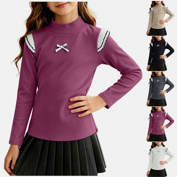 WAVSUF Girls Mock Neck Top, Soft Comfort Skinny Fit Long Sleeve Winter Trendy Cute Tee Pink 7-8