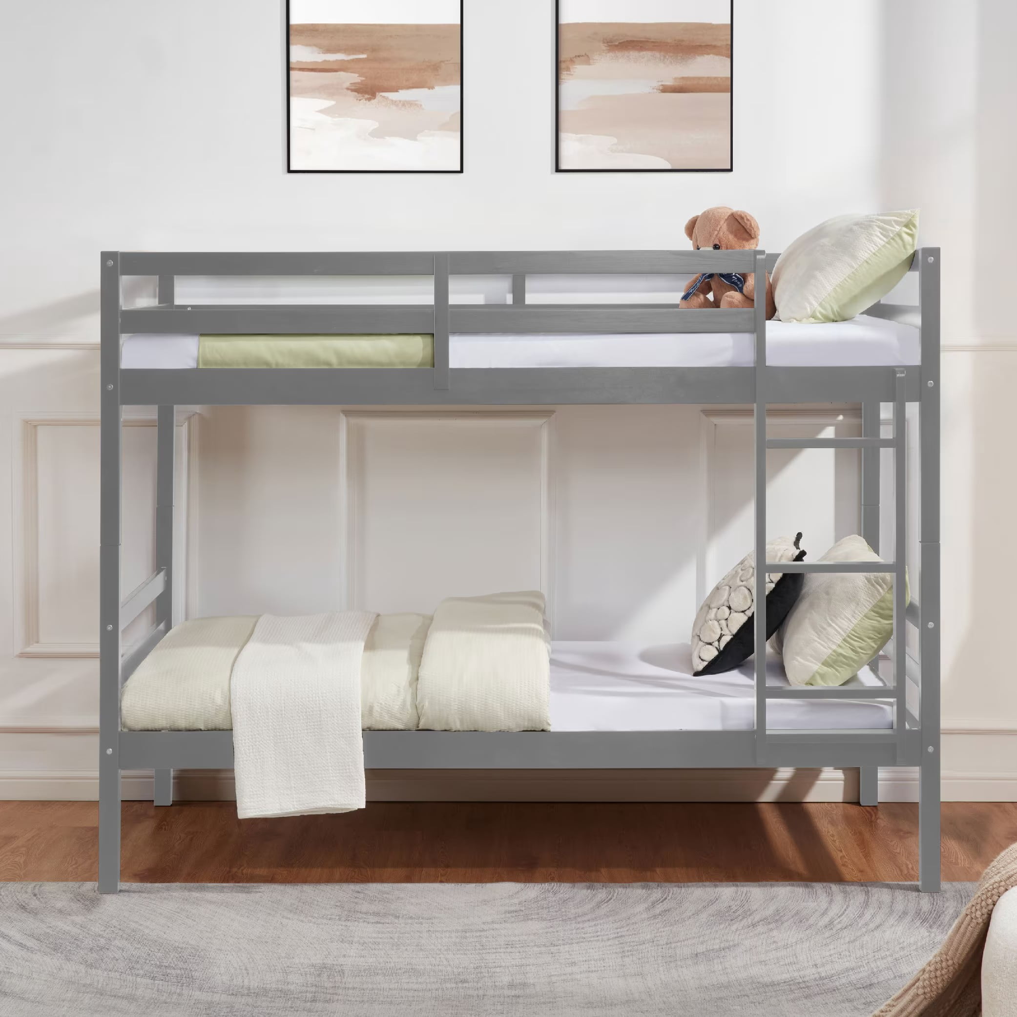 Aukfa Twin over Twin Bunk Bed, Wooden Bunk Bed with High Guardrail for Kids/Teens and Dorm Room/Guest Room, Gray